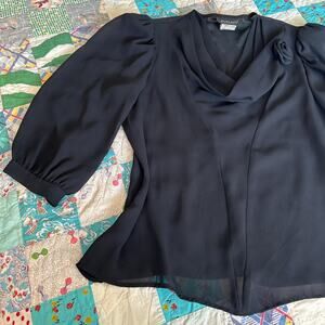 Vintage 80s does 40s Black Semi Sheer Chiffon Draped Puff Sleeve Rosette Blouse